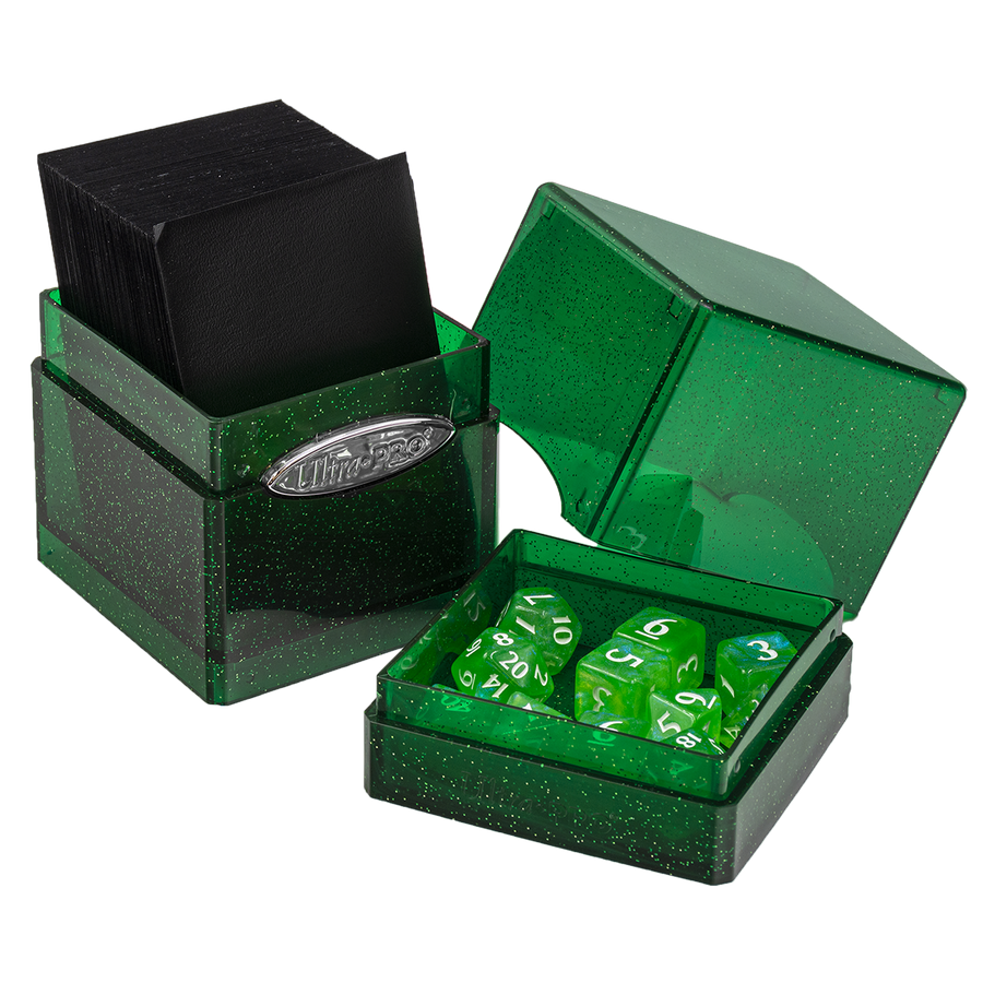 Green glitter dual-compartment gaming box holding black cards and a set of green polyhedral dice.