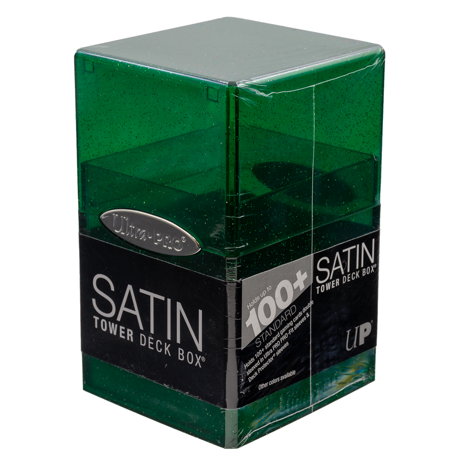 Green sparkle Ultra-Pro Satin Tower Deck Box, holds 100+ gaming cards.