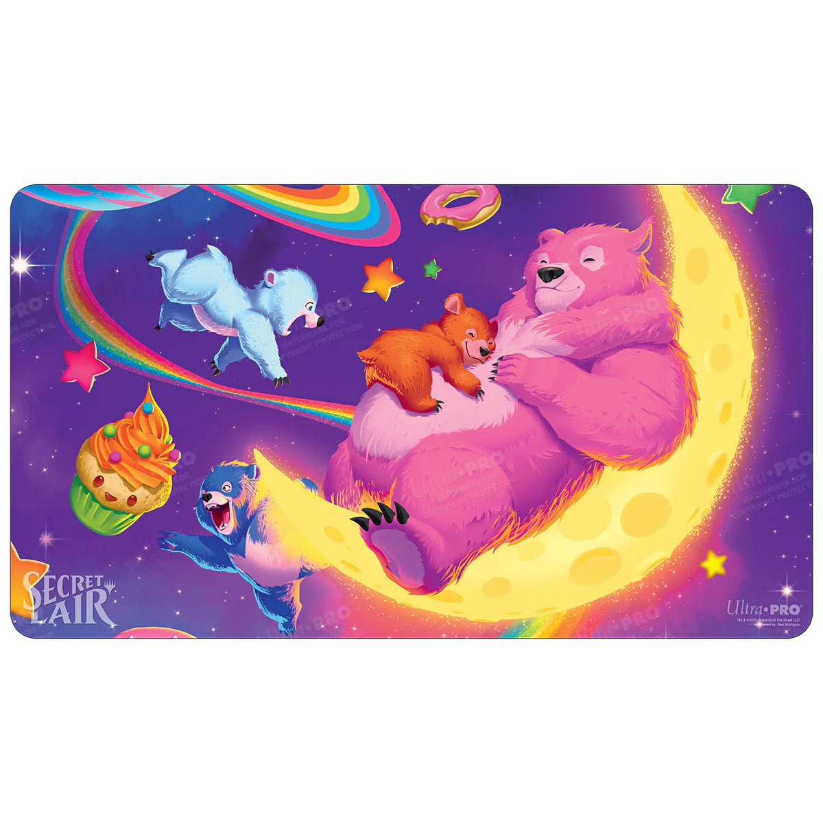 Pink bear sleeping on a crescent moon with an orange cub, a blue bear floats above a rainbow, another slides down the moon