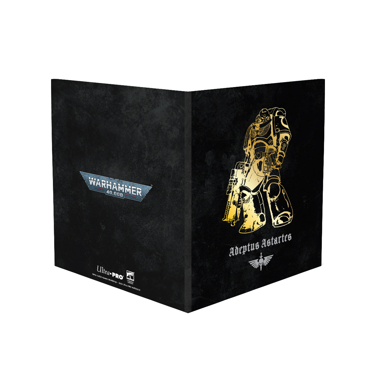 Black Warhammer 40,000 card folder featuring a golden Adeptus Astartes with bolter