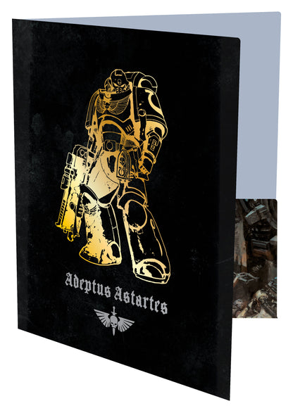 Black folder cover with a golden outline illustration of an Adeptus Astartes warrior in power armor, holding a bolter. "Adeptus Astartes" text below
