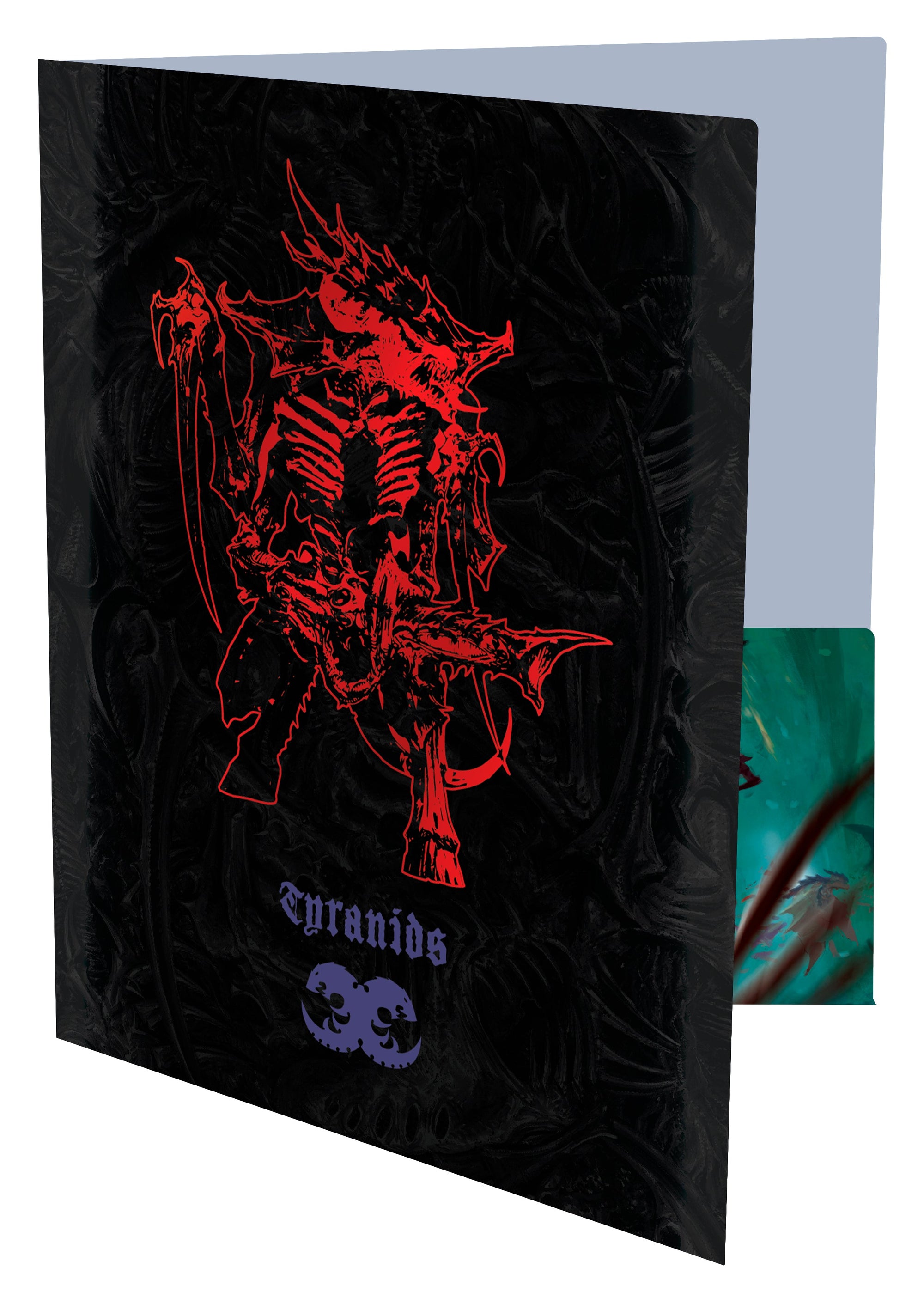 Open folder displaying a black cover with a red Tyranid creature illustration, "Tyranids" title, and a purple alien symbol