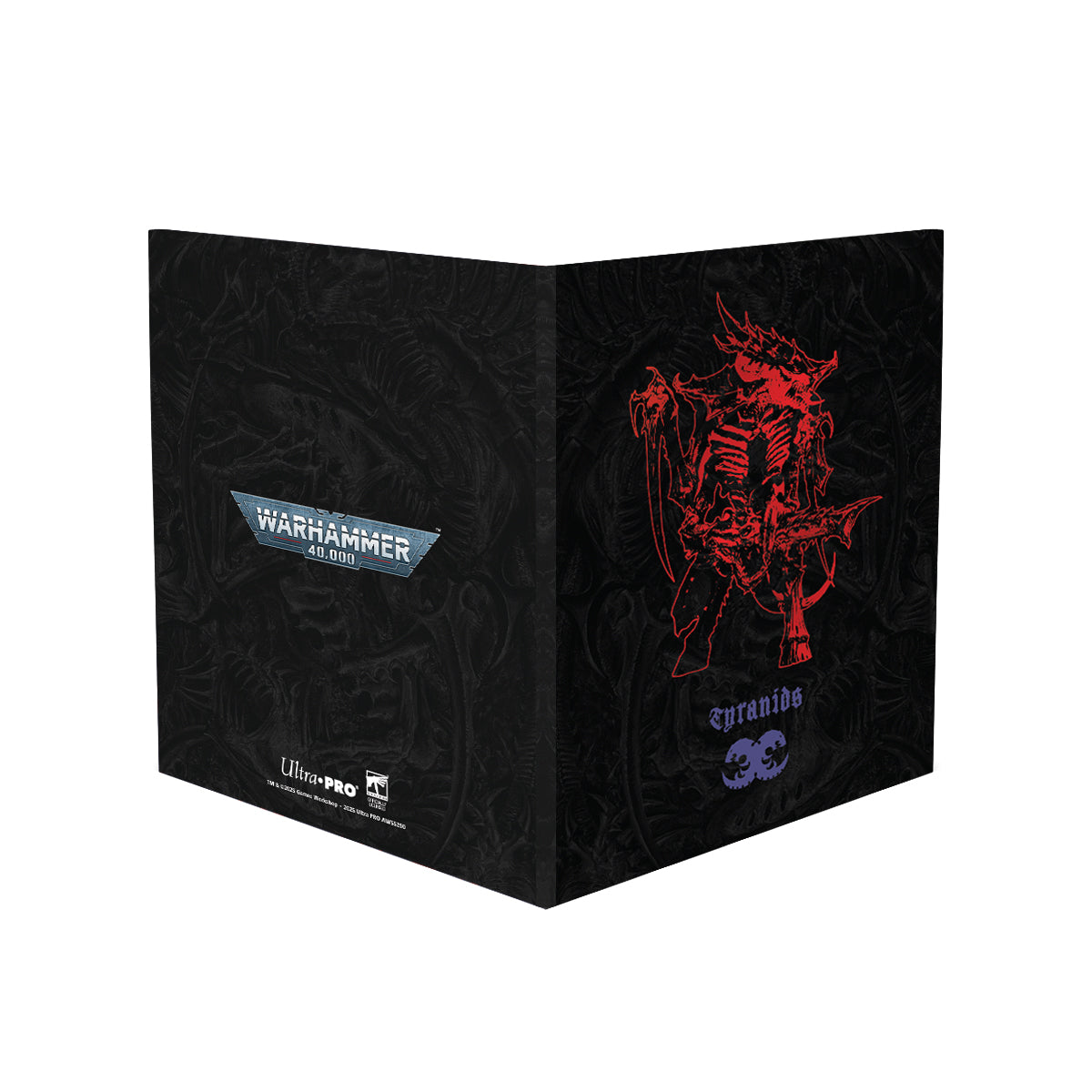 Two dark Warhammer 40,000 Tyranids card sleeves, featuring the game logo and a red Tyranid monster