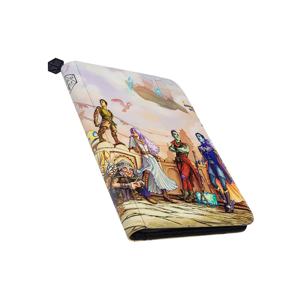 Folio with fantasy artwork of five diverse adventurers and an airship in the sky