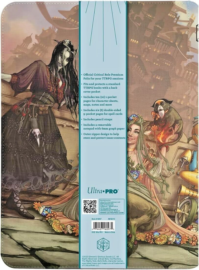 Critical Role Premium Folio with detailed fantasy artwork: a gothic woman on the left, a nature spirit with a fiery monkey and steampunk gear on the right