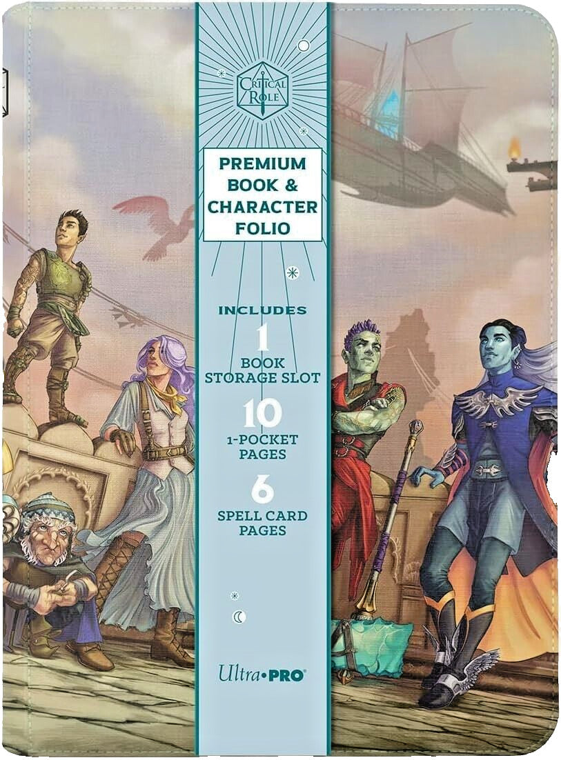 Critical Role Premium Book & Character Folio by Ultra PRO with fantasy art of Caleb, Beauregard, Nott, Fjord, Caduceus Clay, a flying ship, and product specs