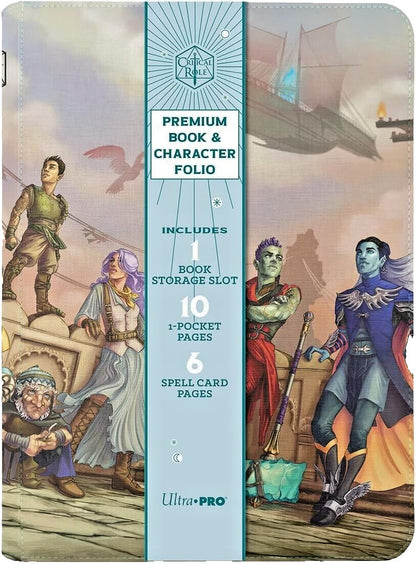 Critical Role Premium Book & Character Folio by Ultra PRO with fantasy art of Caleb, Beauregard, Nott, Fjord, Caduceus Clay, a flying ship, and product specs