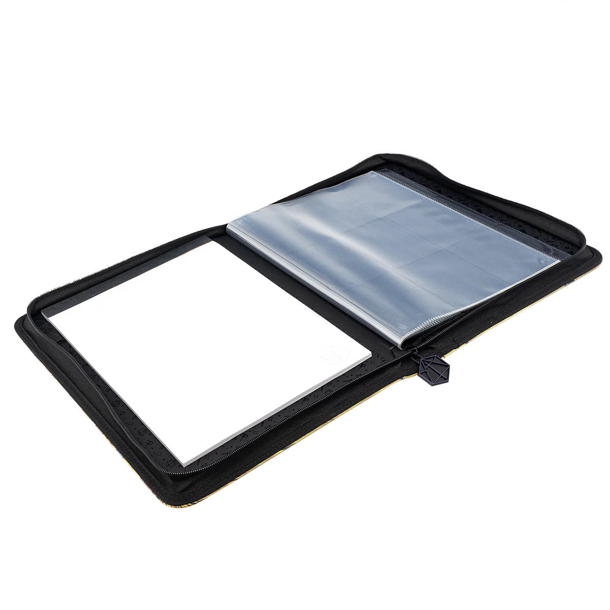 Open black zippered portfolio displaying clear multi-pocket trading card sleeves and a stack of white paper