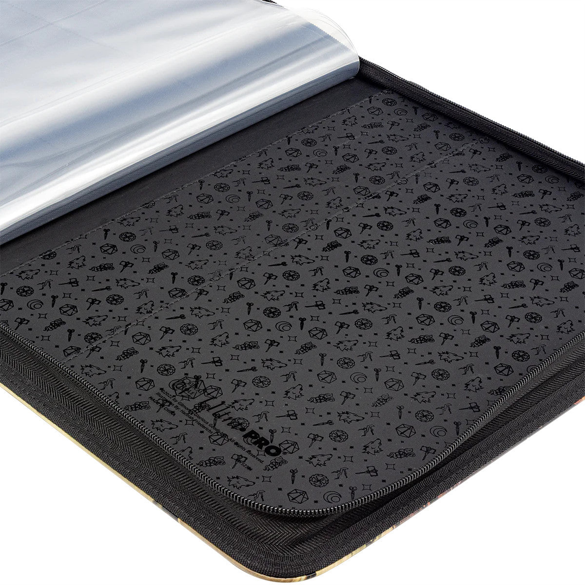 Open black zippered trading card binder with clear plastic sleeves and a dark patterned interior featuring dice, wolves, weapons, and other fantasy icons