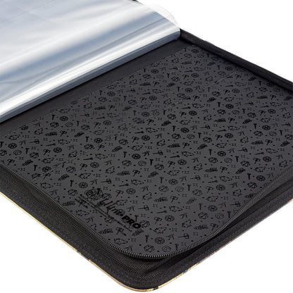 Open black zippered trading card binder with clear plastic sleeves and a dark patterned interior featuring dice, wolves, weapons, and other fantasy icons