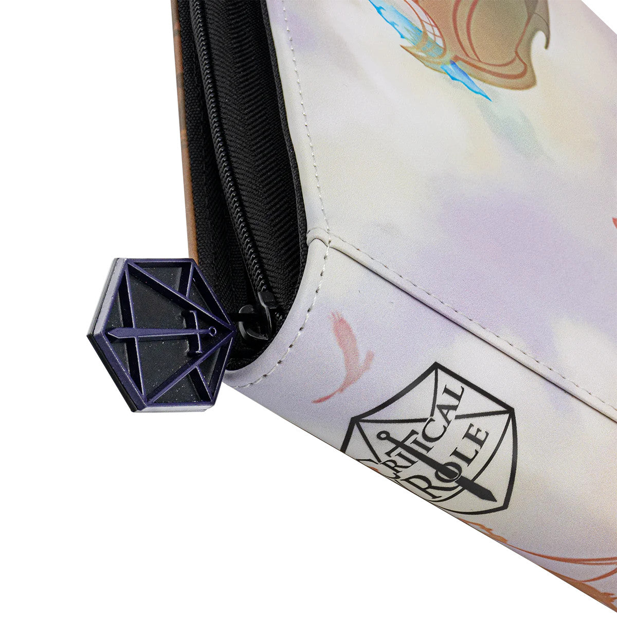 Critical Role gaming pouch with a purple d20 dice zipper pull, displays the CR logo and subtle background artwork