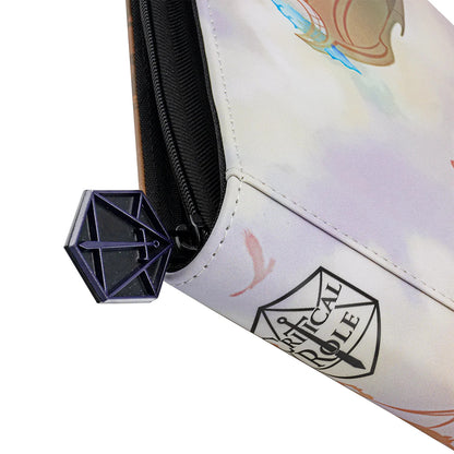 Critical Role gaming pouch with a purple d20 dice zipper pull, displays the CR logo and subtle background artwork