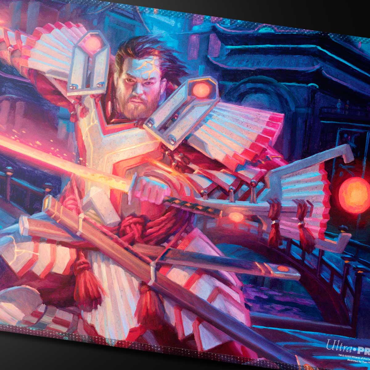 Magic: The Gathering Commander playmat featuring a fierce, bearded samurai in glowing white armor wields a radiant red katana in a vibrant, dark Japanese cityscape