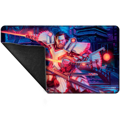 Magic: The Gathering Commander playmat: A bearded, armored warrior wields a glowing sword against a neon-lit Asian city. Corner lifted showing black backing