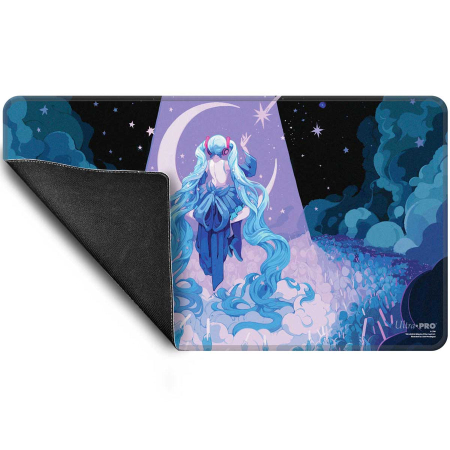 Hatsune Miku on playmat, seen from behind on clouds in a spotlight, reaching for a star above a crowd. Corner lifted
