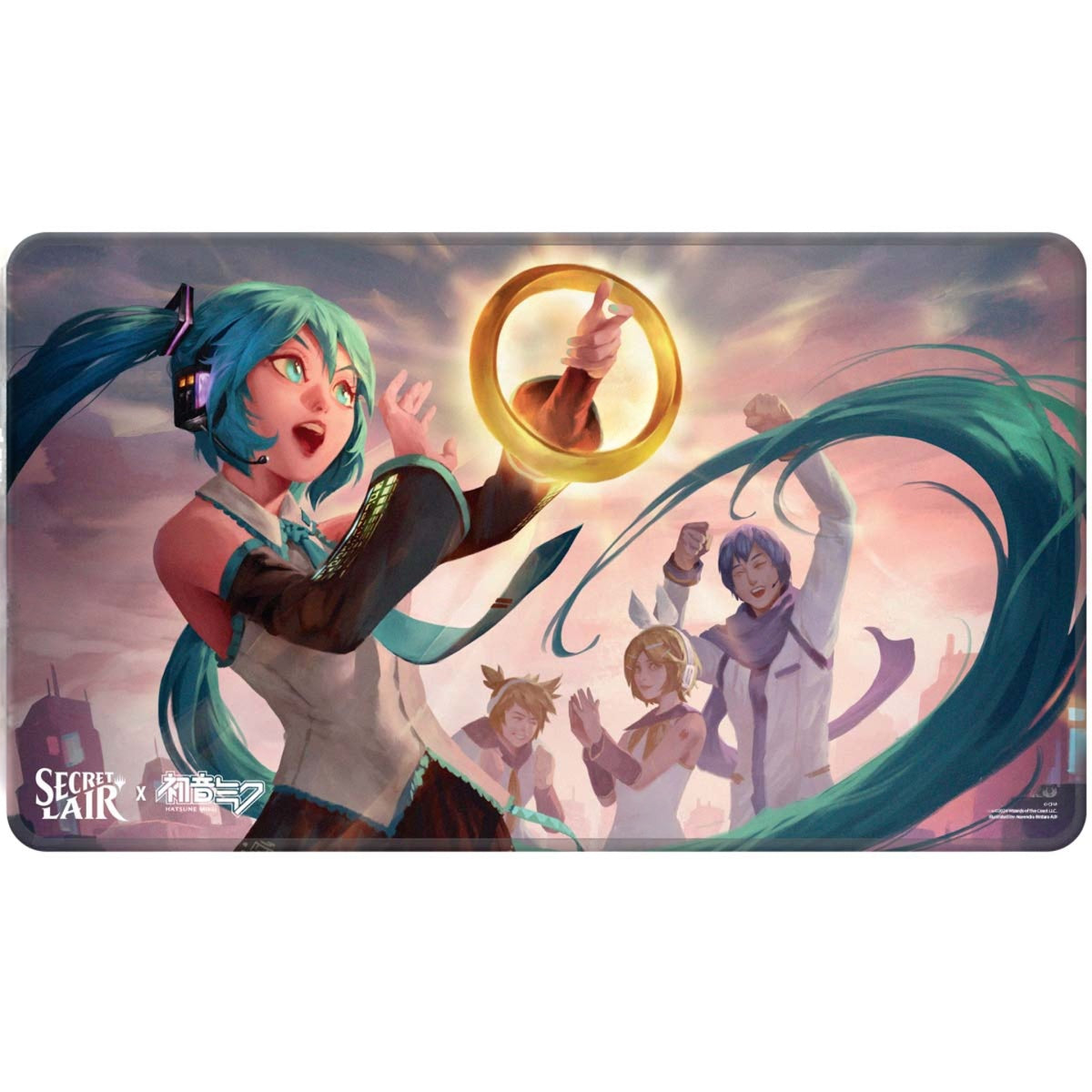 Hatsune Miku joyfully reaches for a glowing golden ring, surrounded by cheering Vocaloid characters