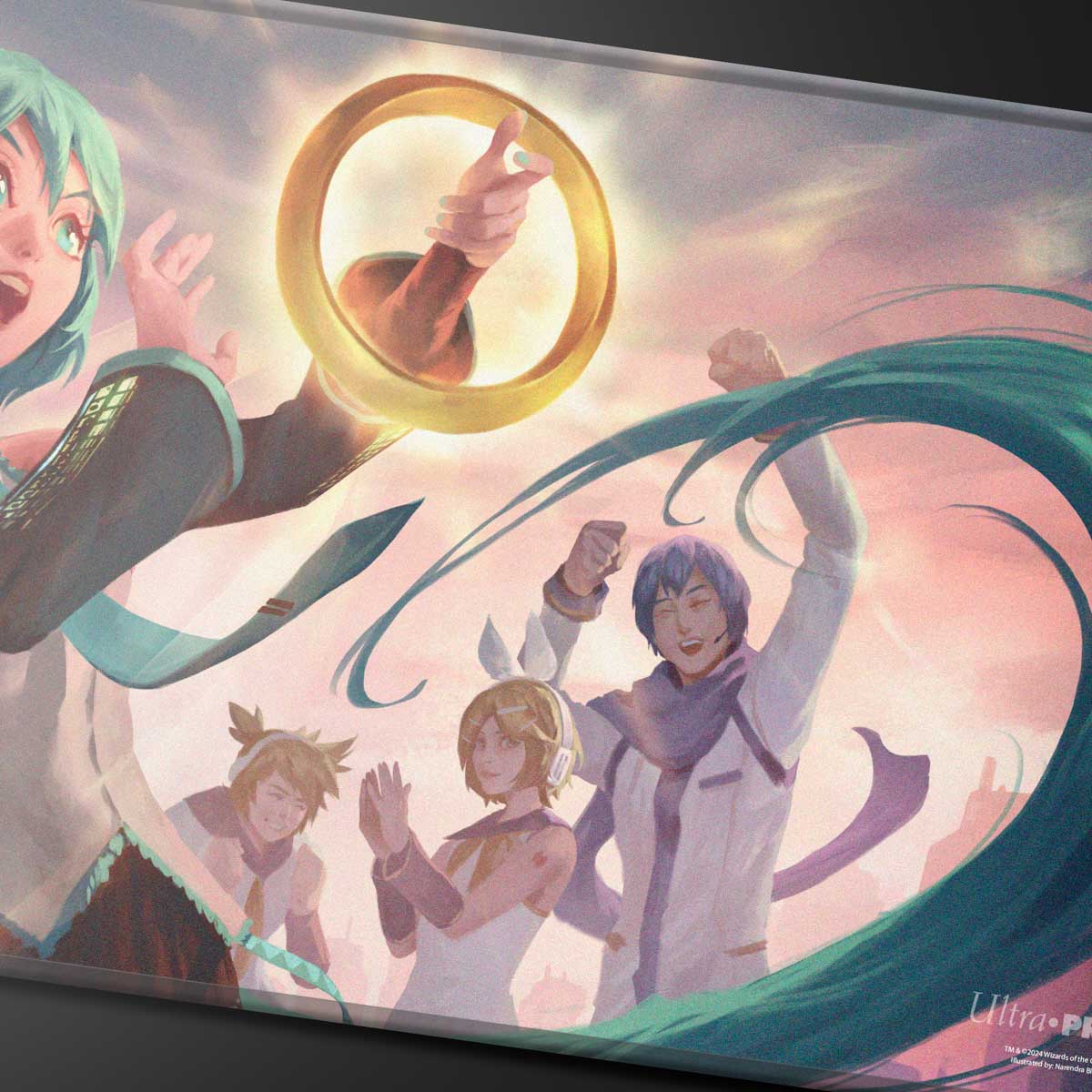 Hatsune Miku gazes at a hand pointing through a glowing golden ring, with Kaito, Rin, and Len cheering