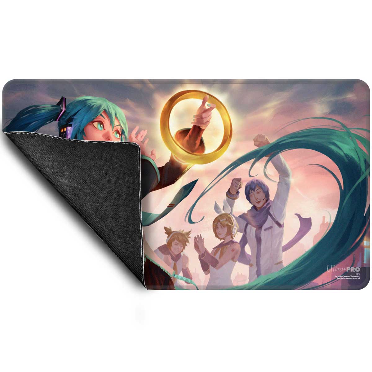 Hatsune Miku reaches for a glowing golden ring held by a hand, surrounded by cheering Vocaloid characters on a curled playmat