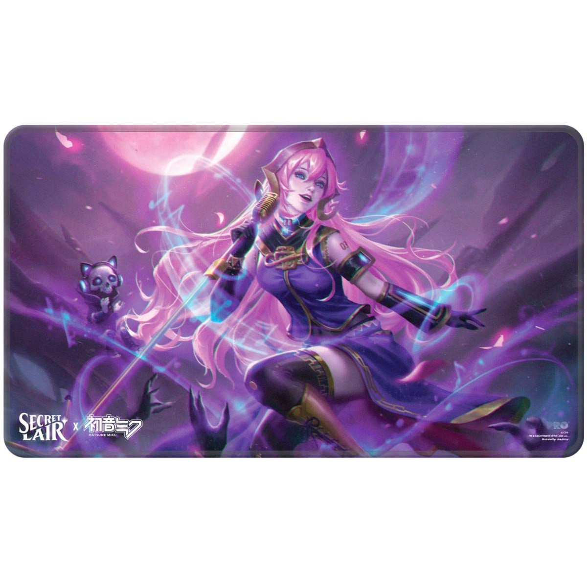 Anime-style Hatsune Miku with flowing pink hair and purple outfit, wielding a glowing microphone staff amidst magical energy