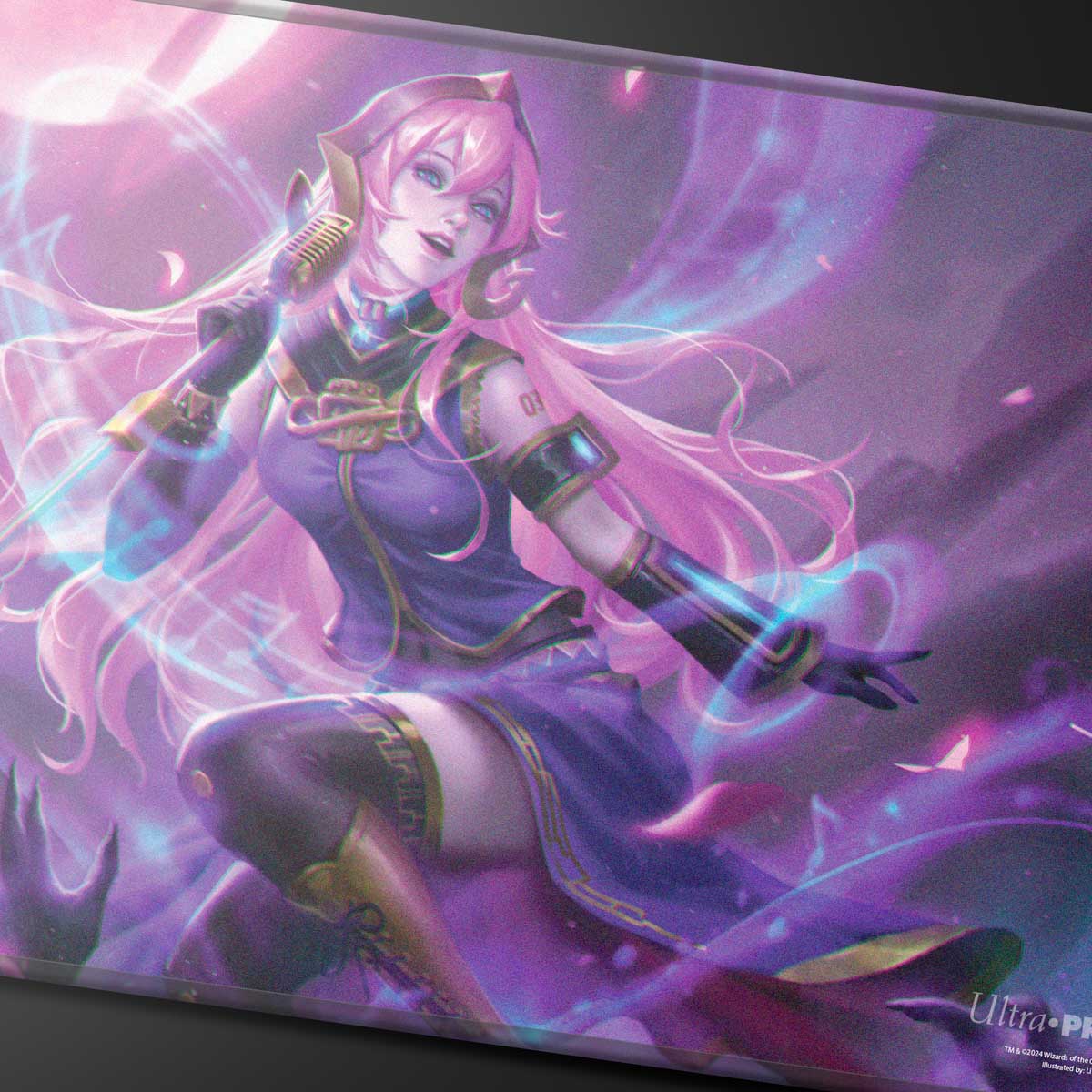 Pink-haired anime idol singing into a microphone, glowing with purple and blue energy