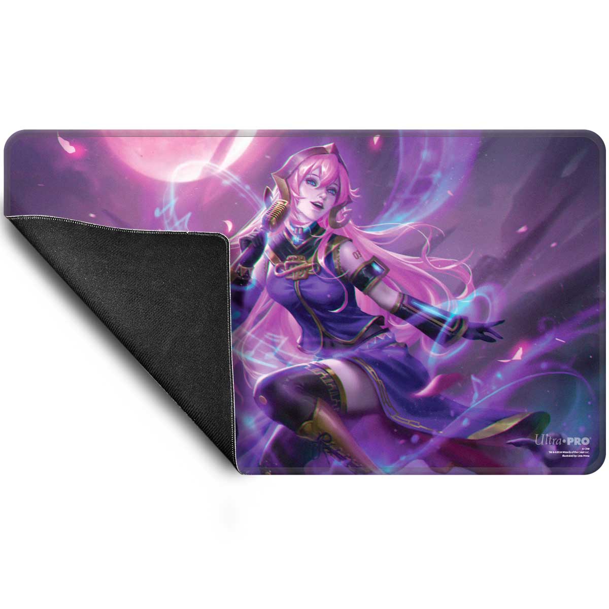 Pink-haired anime singer in purple, performing with a microphone amidst glowing effects and musical notes on a dark playmat