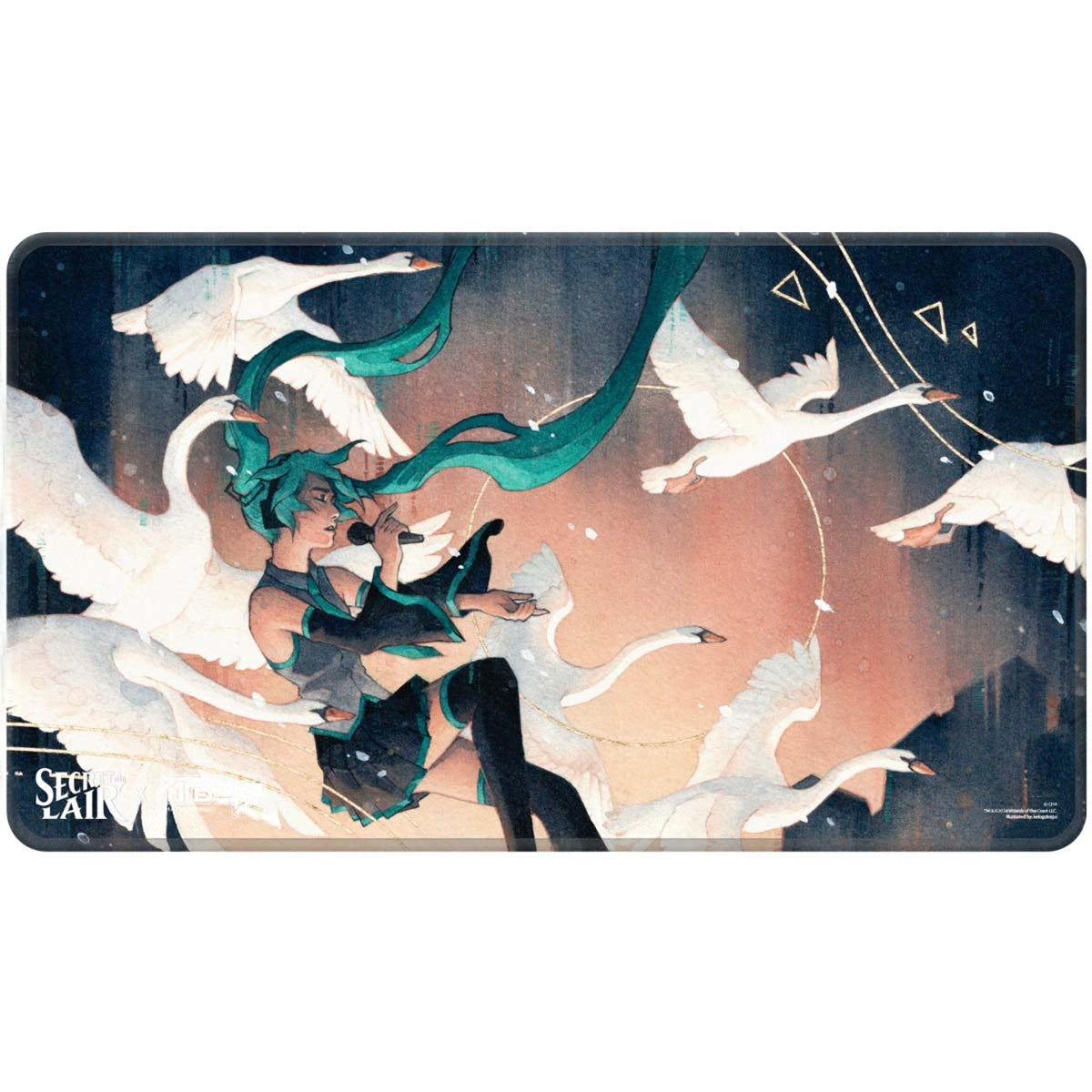Hatsune Miku with flowing teal pigtails sings into a mic, surrounded by flying white swans in a starry sky