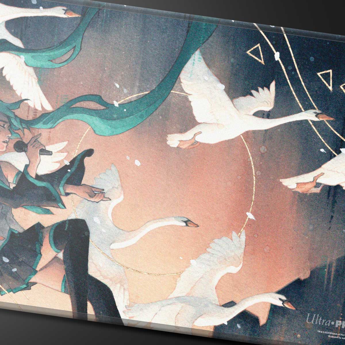 Teal-haired anime character singing into a microphone, surrounded by flying white swans and flowing ribbons in a mystical sky