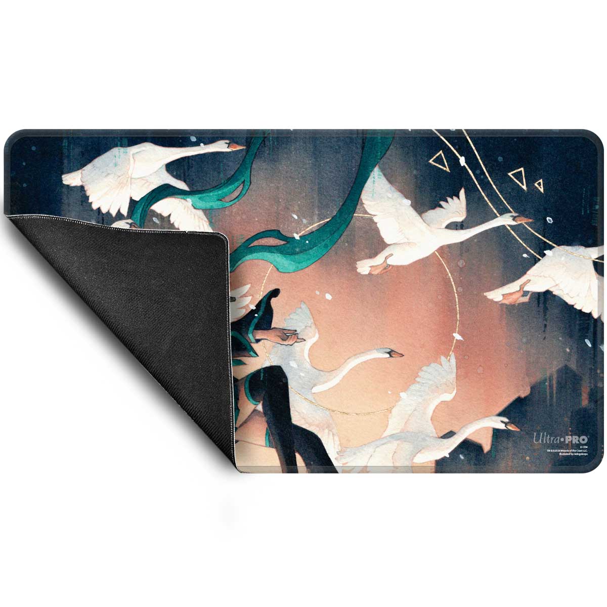 Playmat: ethereal anime character with teal hair surrounded by flying white swans against a warm glow. Corner folded