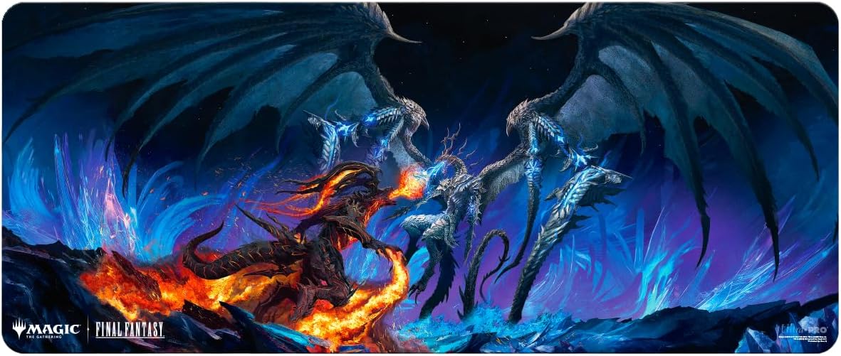 Magic: The Gathering Final Fantasy playmat art: A fiery dark dragon battles a multi-headed icy blue dragon amidst glowing crystals and intense flames
