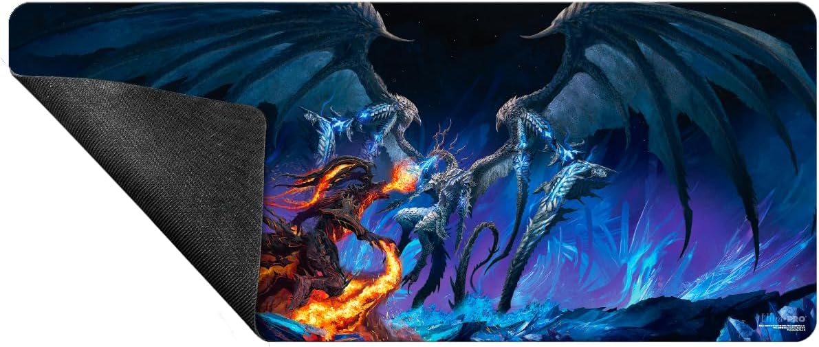 Epic fantasy art featuring a fiery red dragon battling ice-blue dragons on a dark, crystal-filled landscape