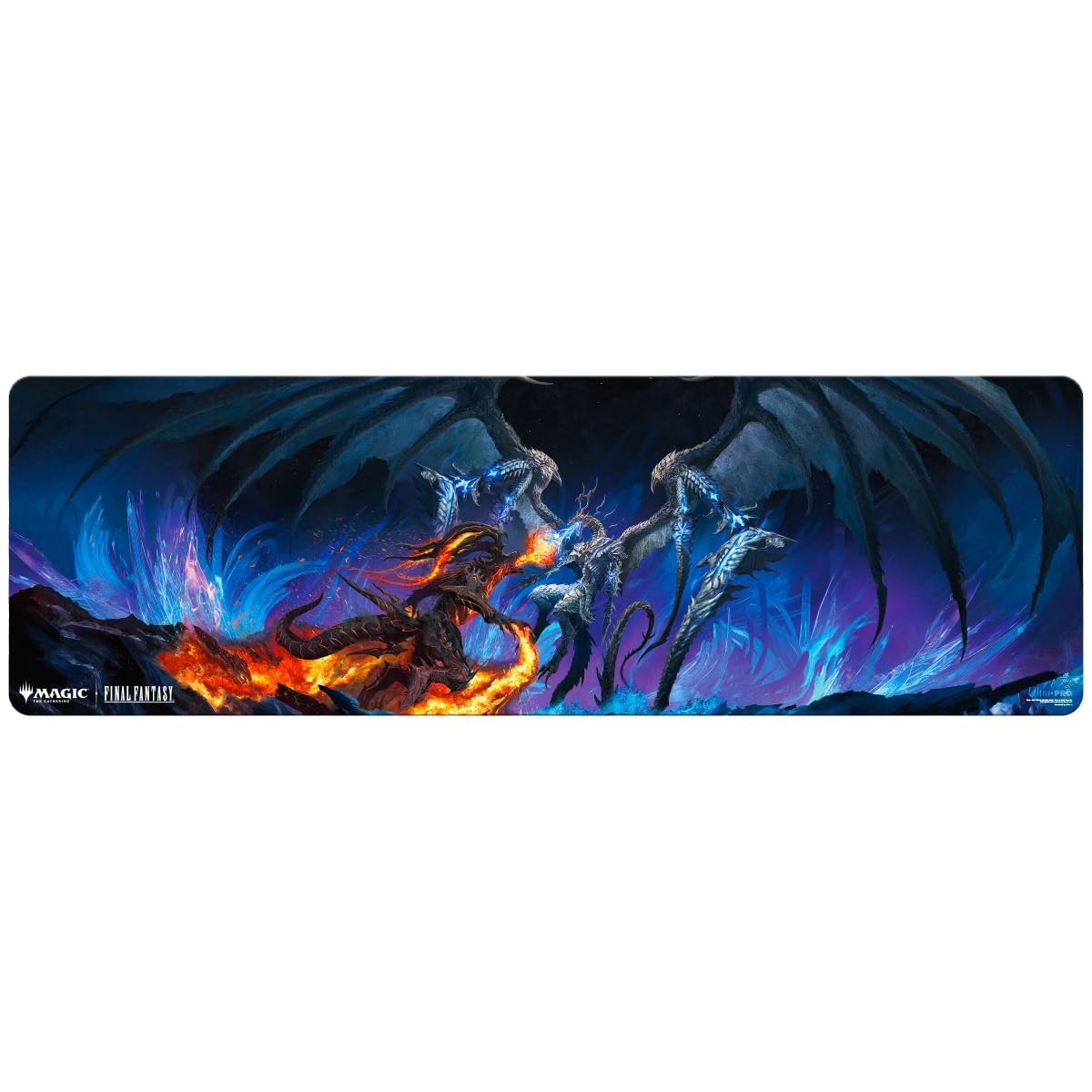 Epic fantasy battle between a fire dragon and multiple ice dragons, with glowing blue crystals