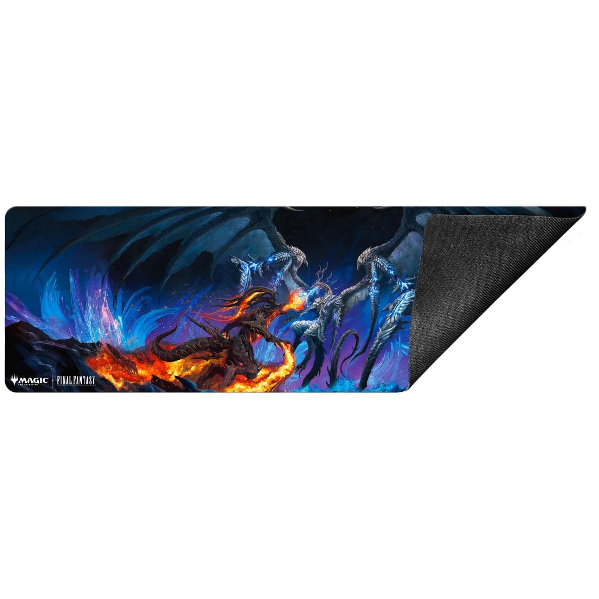 Playmat showing a fiery black dragon fighting icy blue dragons and blue magic, curled to reveal its black rubber backing