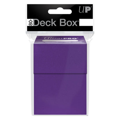 Purple Ultra-Pro 80+ Deck Box for trading cards, in retail packaging with a black header