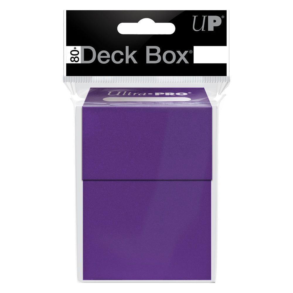 Purple Ultra-Pro 80+ Deck Box for trading cards, in retail packaging with a black header