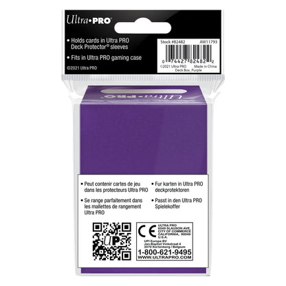 Packaged Ultra PRO purple deck box for collectible cards, features product details, barcode, and mentions holding cards in Deck Protector sleeves