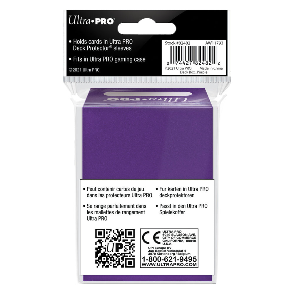 Packaged Ultra PRO purple deck box for collectible cards, features product details, barcode, and mentions holding cards in Deck Protector sleeves