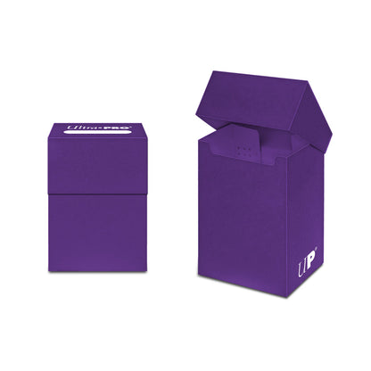 Two purple Ultra-PRO deck boxes; one closed with logo, one open revealing inside