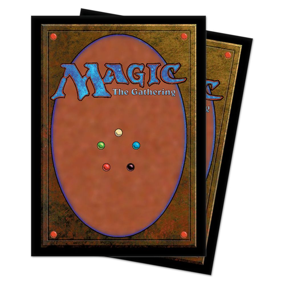 Two black-sleeved Magic: The Gathering cards displaying the classic brown back design with the "MAGIC" logo and five mana symbols