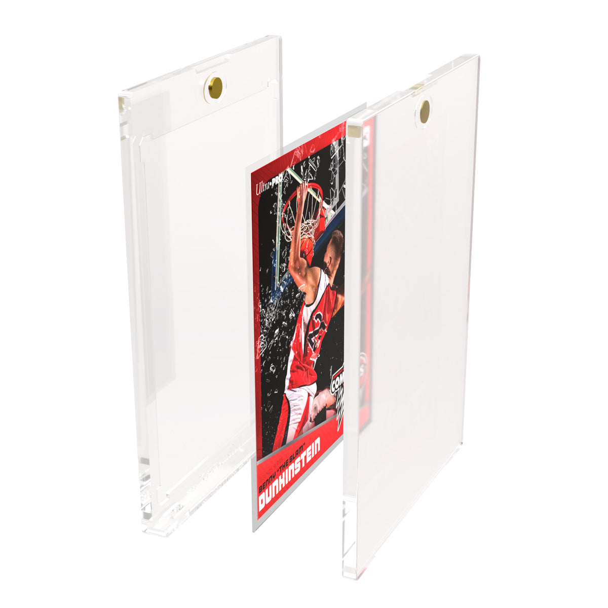 A basketball card featuring a player dunking, displayed in an open clear magnetic acrylic protective case