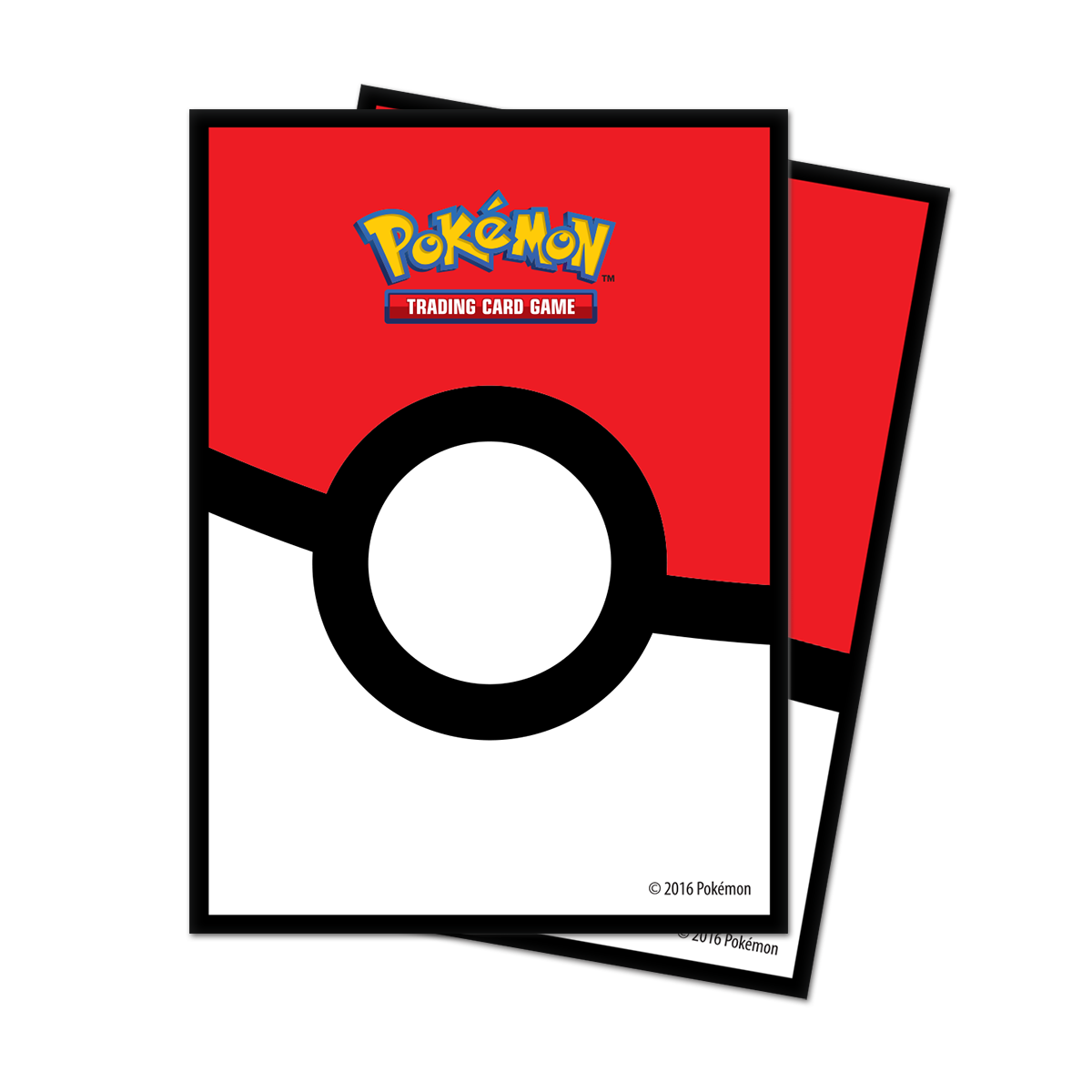 Stack of red and white Pokémon card sleeves featuring the Poké Ball design and Pokémon TCG logo