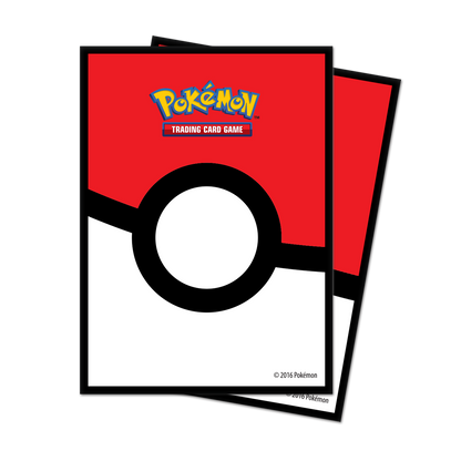 Stack of red and white Pokémon card sleeves featuring the Poké Ball design and Pokémon TCG logo