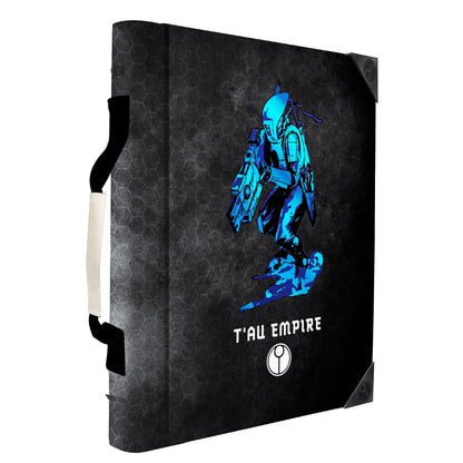 Black binder with a blue T'au battlesuit, "T'AU EMPIRE" text, and a subtle hexagon pattern