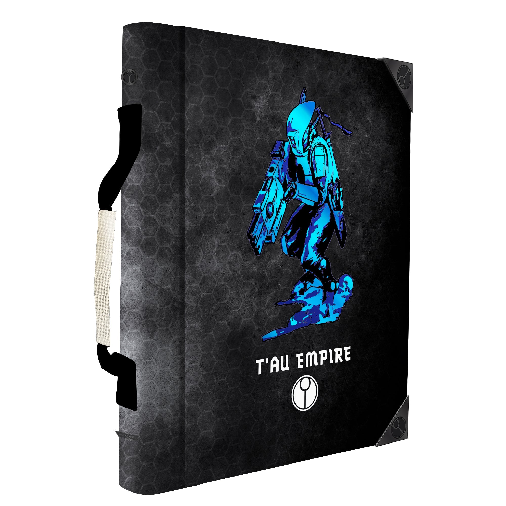 Black binder with a blue T'au battlesuit, "T'AU EMPIRE" text, and a subtle hexagon pattern