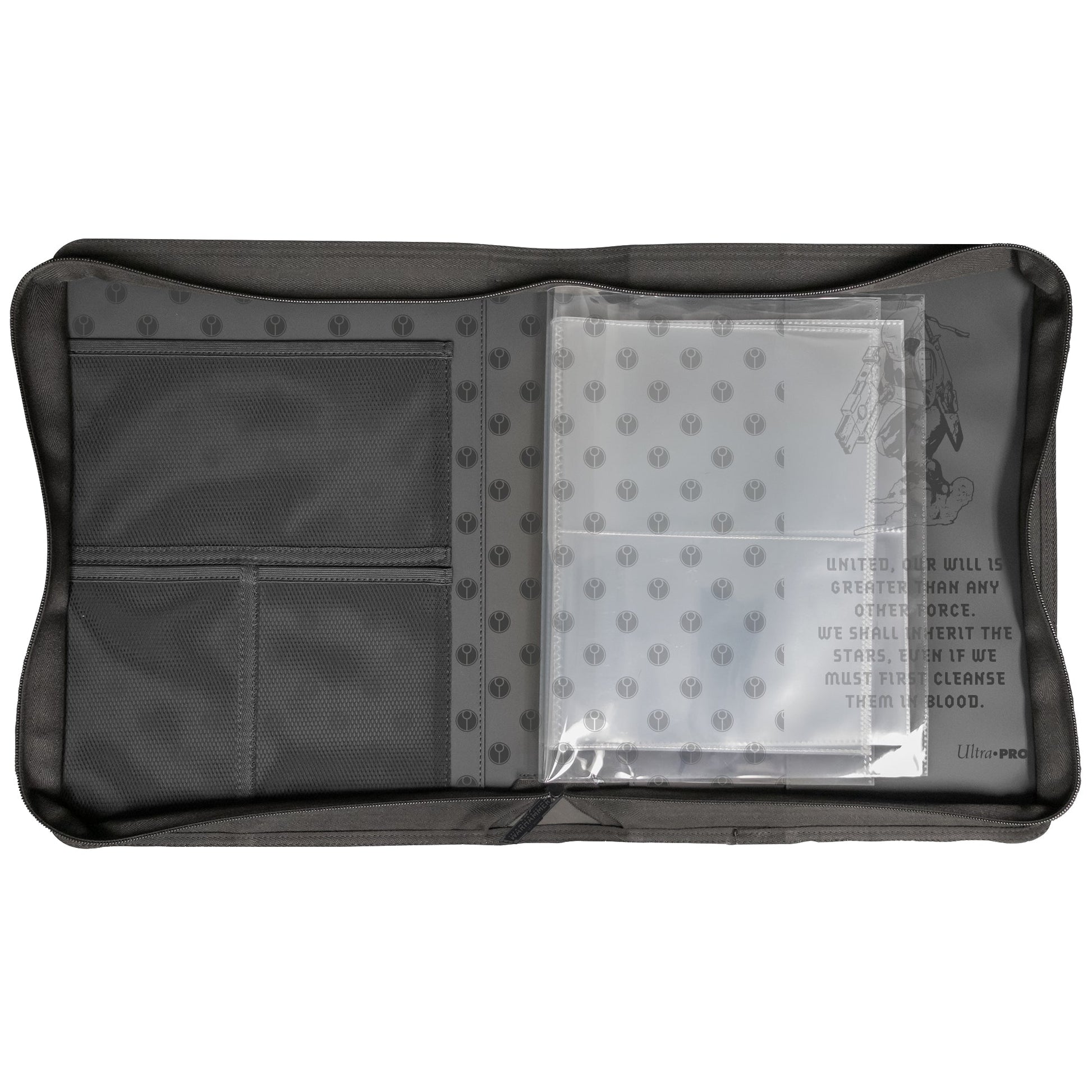 Open grey Ultra-Pro zippered card case with mesh pockets, clear sleeves, Tau symbols, art, and quote