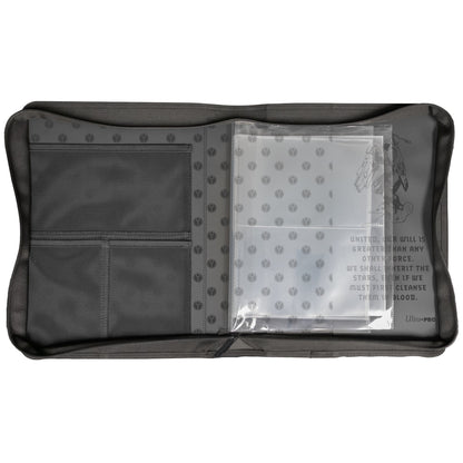 Open grey Ultra-Pro zippered card case with mesh pockets, clear sleeves, Tau symbols, art, and quote