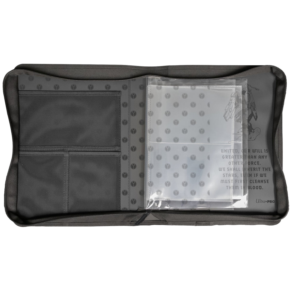 Open grey Ultra-Pro zippered card case with mesh pockets, clear sleeves, Tau symbols, art, and quote