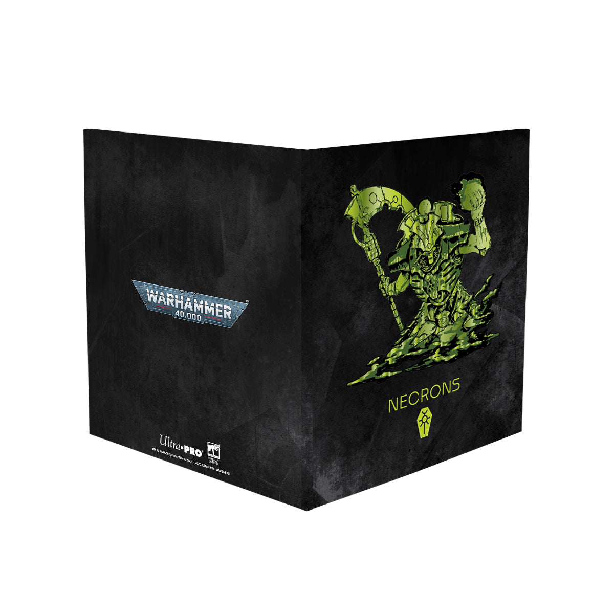 Black Warhammer 40,000 Necrons game accessory, featuring a vibrant green Necron warrior rising from mist, holding a staff