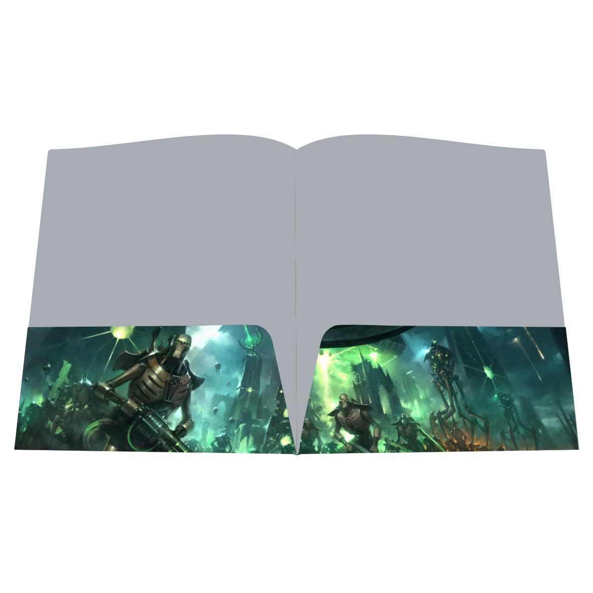 An open grey folder. The pockets display a dark sci-fi scene with menacing skeletal Necron warriors wielding green energy weapons in a futuristic city