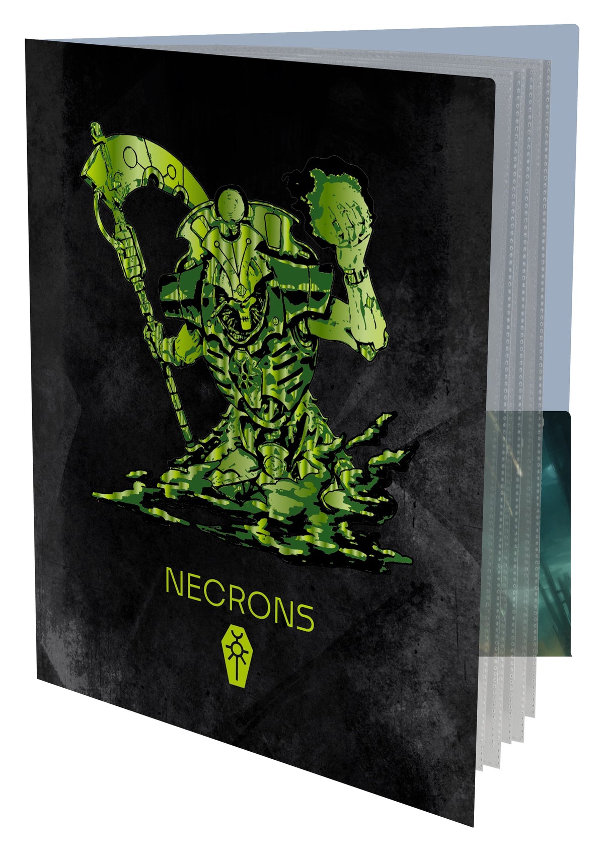 Dark binder cover featuring a glowing green Necron warrior with a scythe, &quot;NECRONS&quot; text, and symbol