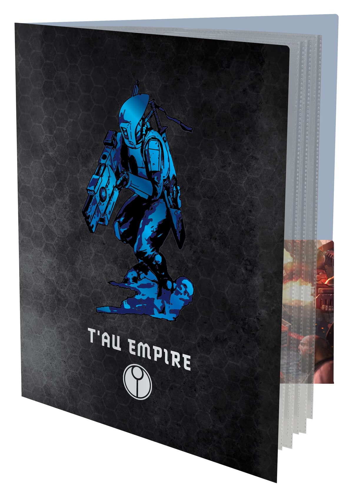 T&#39;au Empire card binder: blue armored warrior with rifle on dark hexagonal cover, open to clear sleeves
